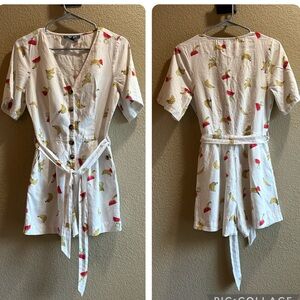 ModCloth Fruit Print Linen Button Front Belted Romper Size Small